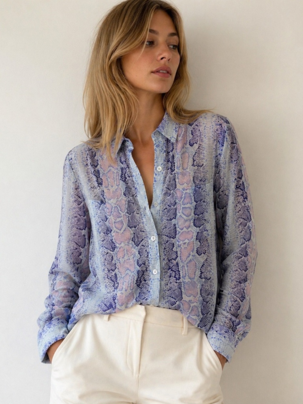 Equipment Silk Snake Print Button Down Silk Blouse XS Blue Pink